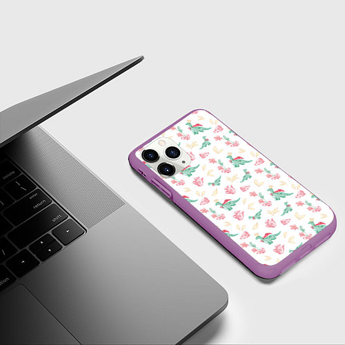 Чехол iPhone 11 Pro матовый Чаепитие с игрушечным динозавром паттерн / 3D-Фиолетовый – фото 3
