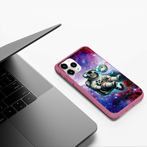 Чехол iPhone 11 Pro матовый Brave cat in space - ai art / 3D-Малиновый – фото 3