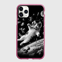 Чехол iPhone 11 Pro матовый Офигевший котейка в безвоздушном пространстве, цвет: 3D-малиновый