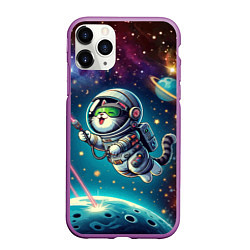 Чехол iPhone 11 Pro матовый Котик в космосе с лазерным пистолетом, цвет: 3D-фиолетовый