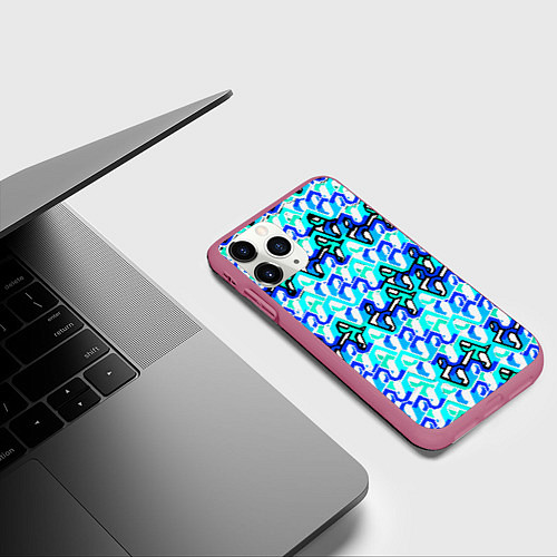 Чехол iPhone 11 Pro матовый Синий узор и бело-чёрная обводка / 3D-Малиновый – фото 3