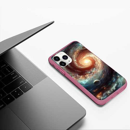 Чехол iPhone 11 Pro матовый Далёкая неоновая галактика - нейросеть / 3D-Малиновый – фото 3