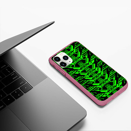 Чехол iPhone 11 Pro матовый Зелёная техно-броня на чёрном фоне / 3D-Малиновый – фото 3