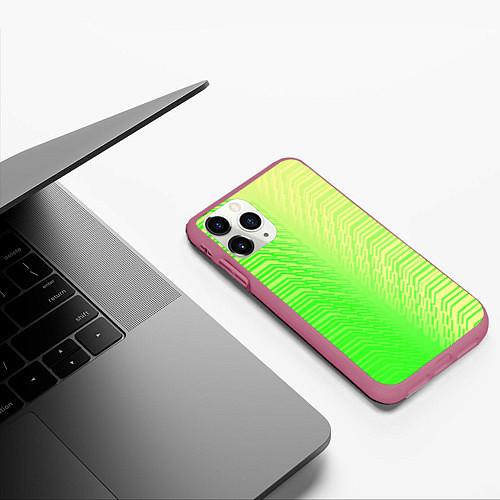 Чехол iPhone 11 Pro матовый Зелёные градиентные линии / 3D-Малиновый – фото 3