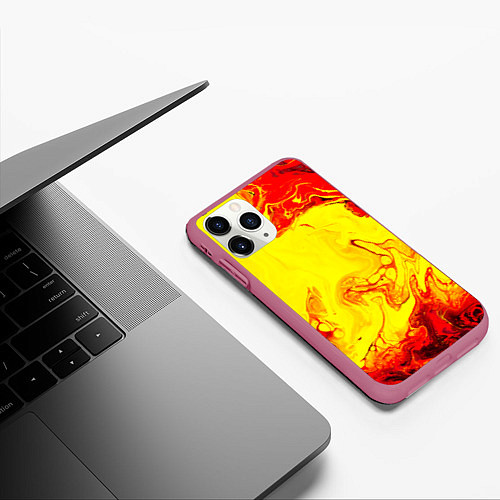 Чехол iPhone 11 Pro матовый Красные и желтые разводы / 3D-Малиновый – фото 3