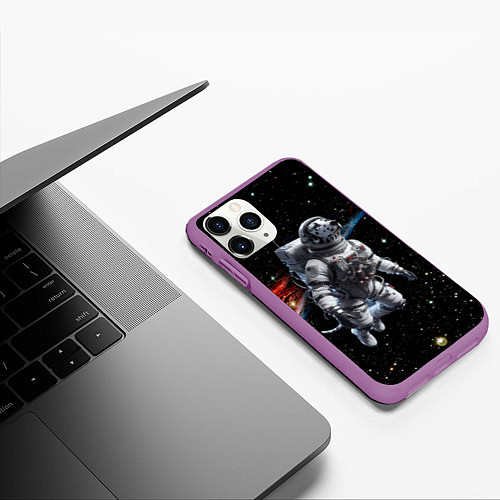 Чехол iPhone 11 Pro матовый The dalmatian brave cosmonaut - ai art / 3D-Фиолетовый – фото 3