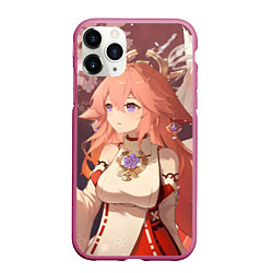 Чехол iPhone 11 Pro матовый Genshin Impact Яэ Miko smile kitsune, цвет: 3D-малиновый