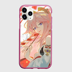 Чехол iPhone 11 Pro матовый Genshin Impact Яэ Miko smile kitsune, цвет: 3D-малиновый