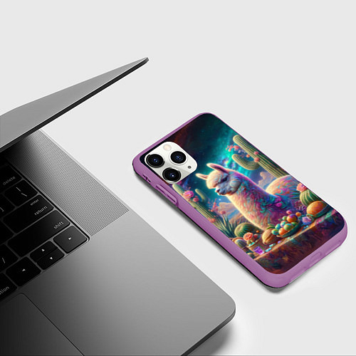 Чехол iPhone 11 Pro матовый Альпака и кактусы на столе / 3D-Фиолетовый – фото 3