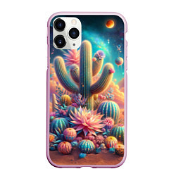 Чехол iPhone 11 Pro матовый Кактусы цветущие под космическим небом, цвет: 3D-розовый