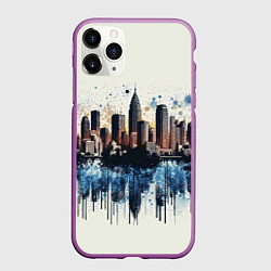 Чехол iPhone 11 Pro матовый Небоскребы в брызгах синей краски, цвет: 3D-фиолетовый