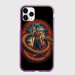 Чехол iPhone 11 Pro матовый Боец Муай-тай и огромный дракон, цвет: 3D-фиолетовый