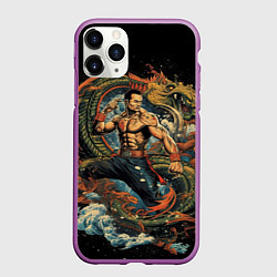 Чехол iPhone 11 Pro матовый Муай-Тай боец и зеленый дракон, цвет: 3D-фиолетовый