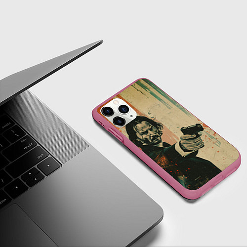 Чехол iPhone 11 Pro матовый Джон Уик с пистолетом / 3D-Малиновый – фото 3