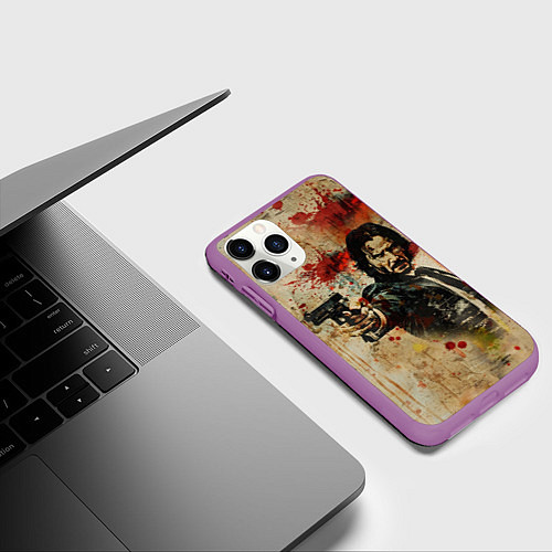Чехол iPhone 11 Pro матовый Джон Уик с пистолетом в стиле гранж / 3D-Фиолетовый – фото 3