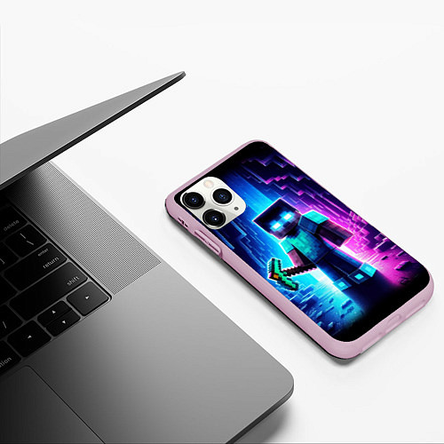 Чехол iPhone 11 Pro матовый Minecraft - neon character ai art / 3D-Розовый – фото 3