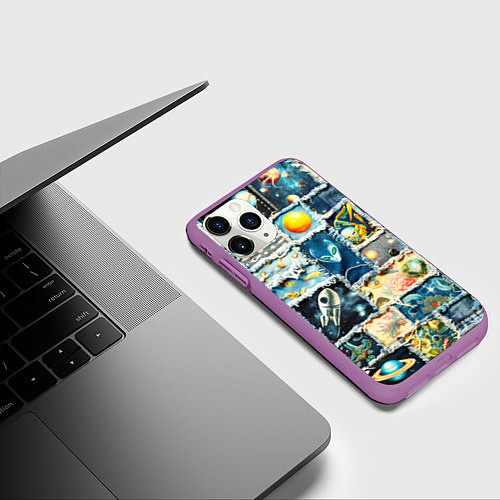 Чехол iPhone 11 Pro матовый Космические обитатели - пэчворк / 3D-Фиолетовый – фото 3
