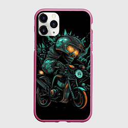 Чехол iPhone 11 Pro матовый Скелет на мото арт, цвет: 3D-малиновый