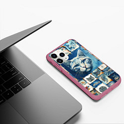 Чехол iPhone 11 Pro матовый Кошка на дениме - пэчворк, цвет: 3D-малиновый — фото 2