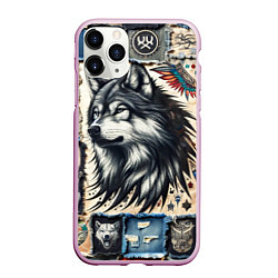 Чехол iPhone 11 Pro матовый Волк на дениме Пэчворк, цвет: 3D-розовый
