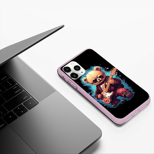 Чехол iPhone 11 Pro матовый Плюшевый медведь музыкант с гитарой / 3D-Розовый – фото 3