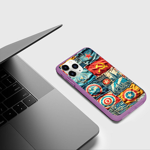 Чехол iPhone 11 Pro матовый Пэчворк джинсы в СССР / 3D-Фиолетовый – фото 3