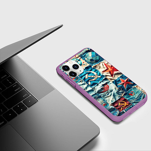Чехол iPhone 11 Pro матовый Пэчворк джинсы из СССР / 3D-Фиолетовый – фото 3