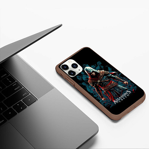 Чехол iPhone 11 Pro матовый Assassins creed черный фон / 3D-Коричневый – фото 3