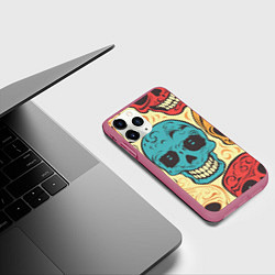 Чехол iPhone 11 Pro матовый Праздничные черепа, цвет: 3D-малиновый — фото 2