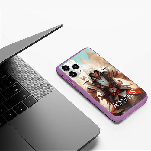 Чехол iPhone 11 Pro матовый Assassins creed большой город / 3D-Фиолетовый – фото 3