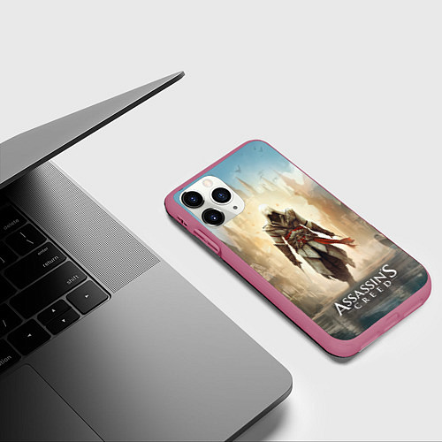 Чехол iPhone 11 Pro матовый Assassins creed на фоне дворца / 3D-Малиновый – фото 3