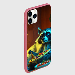 Чехол iPhone 11 Pro матовый Сонный енот с пиццей на диване, цвет: 3D-малиновый — фото 2