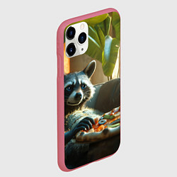 Чехол iPhone 11 Pro матовый Енот ест пиццу на диване, цвет: 3D-малиновый — фото 2