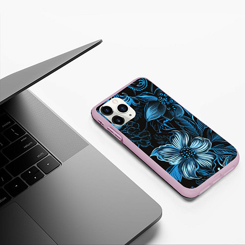Чехол iPhone 11 Pro матовый Синие цветы абстракции / 3D-Розовый – фото 3