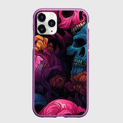Чехол iPhone 11 Pro матовый Яркие цветы с черепами, цвет: 3D-фиолетовый