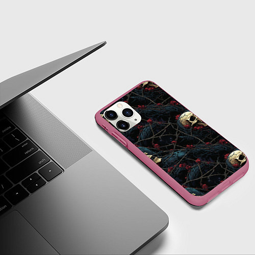 Чехол iPhone 11 Pro матовый Черепа в кустах с шипами / 3D-Малиновый – фото 3