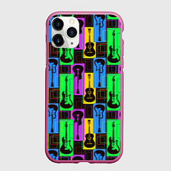 Чехол iPhone 11 Pro матовый Красочные гитары, цвет: 3D-малиновый