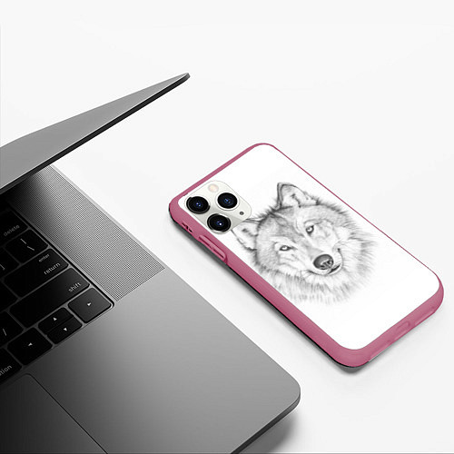 Чехол iPhone 11 Pro матовый Нарисованный волк зубами щёлк / 3D-Малиновый – фото 3