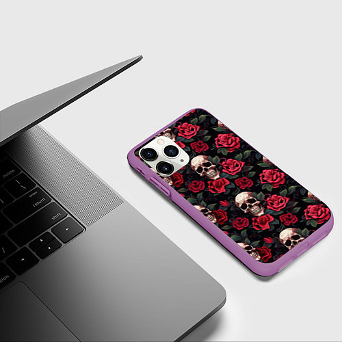 Чехол iPhone 11 Pro матовый Черепа и алые розы / 3D-Фиолетовый – фото 3