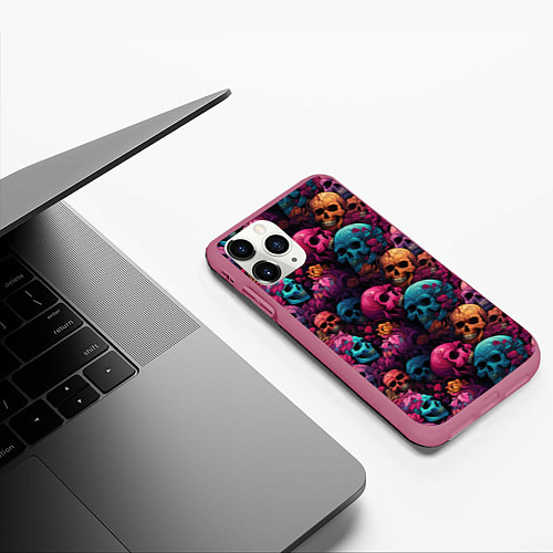 Чехол iPhone 11 Pro матовый Поле яркий черепов и цветов / 3D-Малиновый – фото 3
