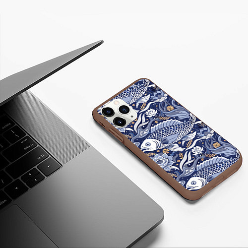 Чехол iPhone 11 Pro матовый Рыба карп - синий корейский узор / 3D-Коричневый – фото 3