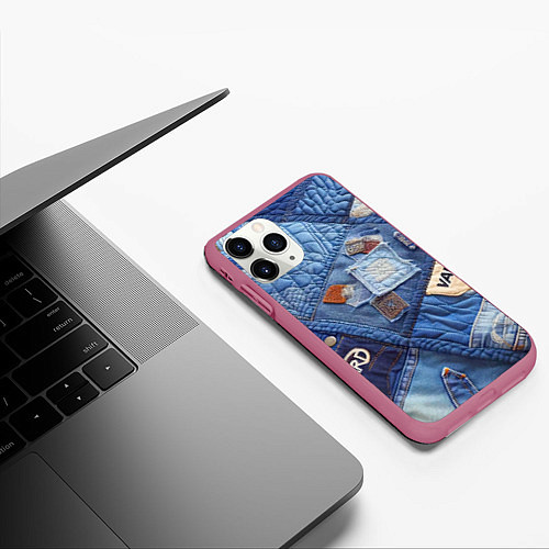 Чехол iPhone 11 Pro матовый Vanguard jeans patchwork - ai art / 3D-Малиновый – фото 3