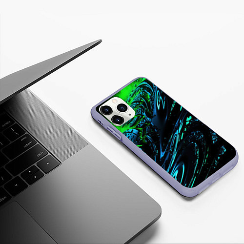 Чехол iPhone 11 Pro матовый Яркая зеленая краска на темной абстракции / 3D-Светло-сиреневый – фото 3