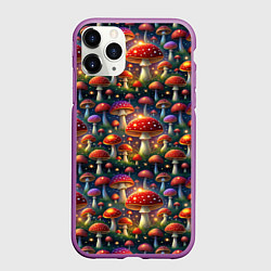 Чехол iPhone 11 Pro матовый Красные мухоморы в лесу паттерн, цвет: 3D-фиолетовый