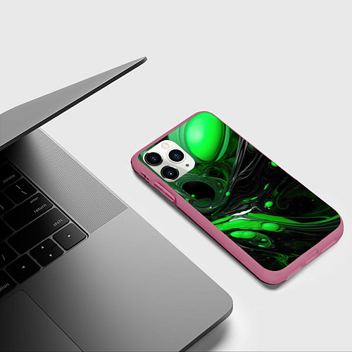 Чехол iPhone 11 Pro матовый Green dark abstract geometry style / 3D-Малиновый – фото 3
