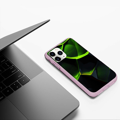 Чехол iPhone 11 Pro матовый Green neon abstract geometry / 3D-Розовый – фото 3