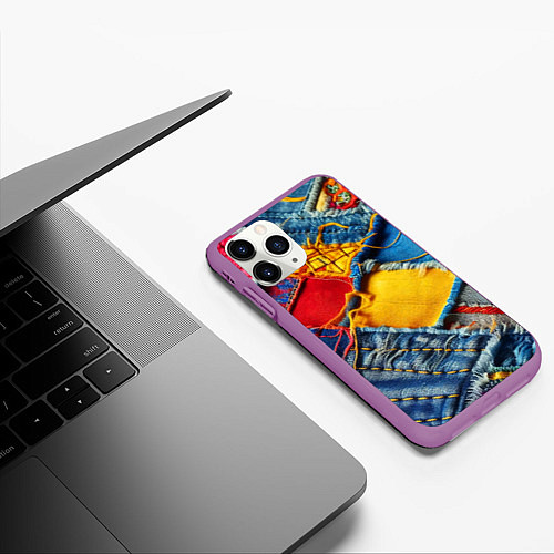 Чехол iPhone 11 Pro матовый Colorful denim patchwork - ai art / 3D-Фиолетовый – фото 3