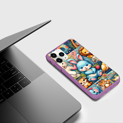 Чехол iPhone 11 Pro матовый Funny hare and his friends - patchwork / 3D-Фиолетовый – фото 3