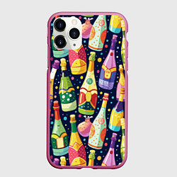 Чехол iPhone 11 Pro матовый Бутылки шампанского -вино водочный паттерн, цвет: 3D-малиновый