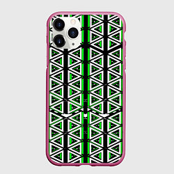 Чехол iPhone 11 Pro матовый Бело-зелёные треугольники на чёрном фоне, цвет: 3D-малиновый